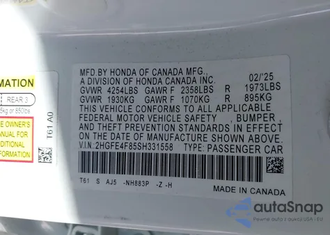 2025 Honda Civic Hybrid Sport/Sport Touring z USA, uszkodzony, nr VIN 2HGFE4F85SH331558